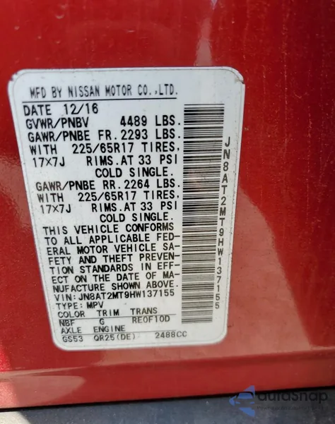 2017 Nissan Rogue S z USA, uszkodzony, nr VIN JN8AT2MT9HW137155